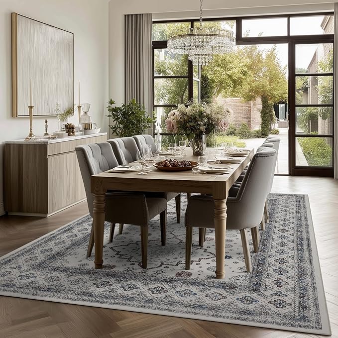 Washable Area Rugs 8x10, Large Rugs for Living Room, Carpet for Bedroom, Soft Faux Wool Retro Dining Room Rug, Non-Slip Backing Resistant Low Pile Vintage Print Rug for Home Office (White Cream/Gray)
