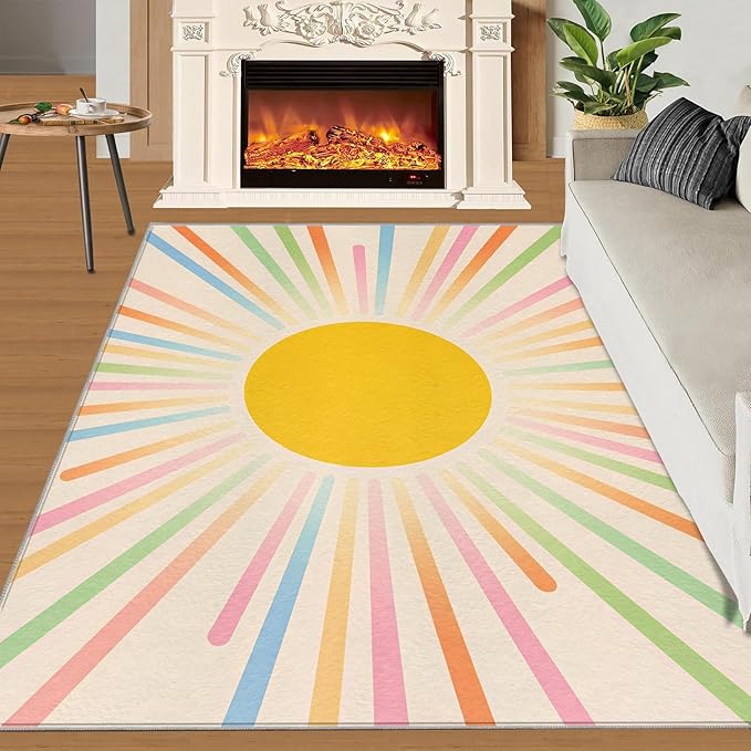 Boho Sun Area Rugs 4x6ft, Minimalist Sunburst Carpet for Bedroom, Abstraction Deco Rug for Living Room Easy to Clean for Indoor Outdoor Hardwood Floors Home Decor