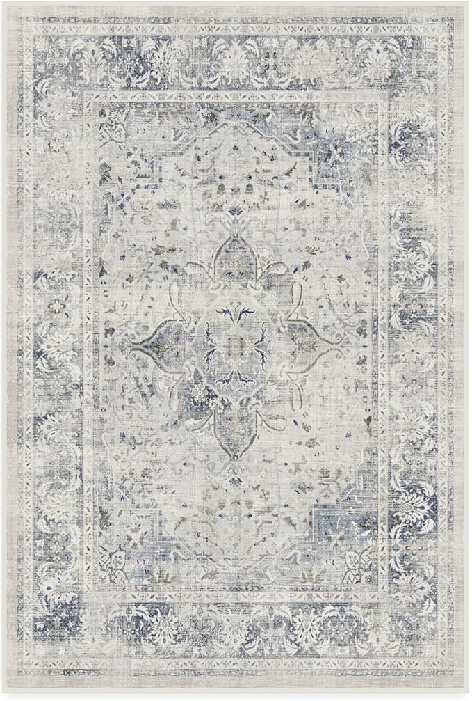 RUGGABLE Washable Vintage Area Rug – Sarrah Blue Quartz 4x6, Stain-Resistant, Non-Slip – Medium Machine Washable Rugs for Living Room, Bedroom, Hallway, Entryway & Office–with Cushioned Pad