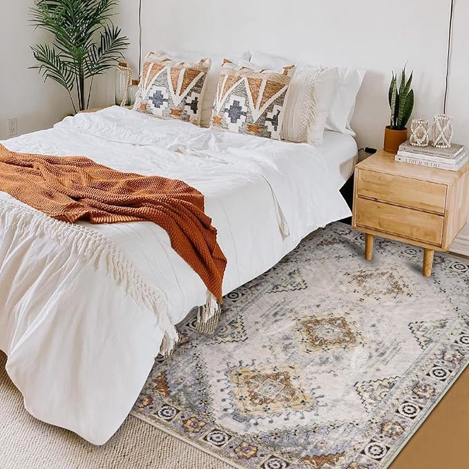 COMSLE Area Rug 3x5 Faux Wool Rugs for Kitchen, Boho Washable Throw Rugs Non-Slip Distressed Carpet Soft Accent Floor Rug for Bedroom, Living Room, Laundry Room (Khaki)