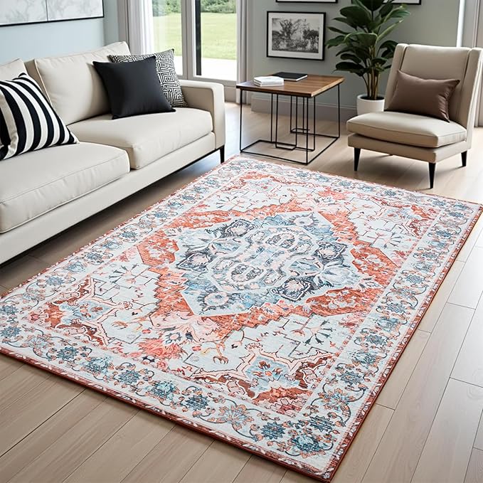 Area Rug for Living Room, 9x12 Machine Washable Non Slip Large Faux Wool Throw Rug, 0.3″ Low Pile & Non-Shedding Boho Large Carpet Rugs for for Dining Room, Bedroom, Office (Pastel Orange)