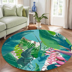 Tropical Leaves Round Rug 3ft - Machine Washable Non-Slip Circular Floor Mat, Short Pile Soft Rug for Living Room, Bedroom, Nursery in Green & Pink Botanical Design