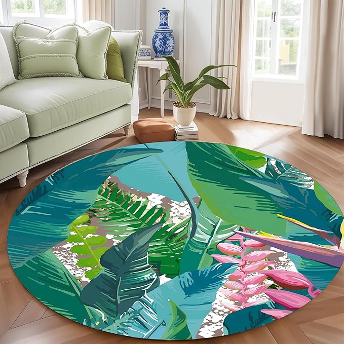 Tropical Leaves Round Rug 5ft - Machine Washable Non-Slip Circular Floor Mat, Short Pile Soft Rug for Living Room, Bedroom, Nursery in Green & Pink Botanical Design
