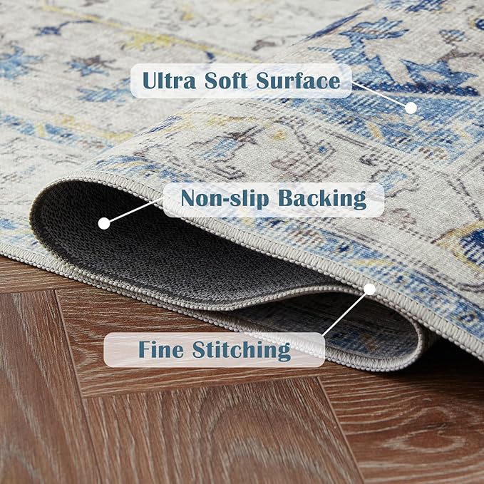 jinchan Kelda Area Rug 6x9 Washable Living Room Rug Vintage Indoor Large Floor Cover Distressed Lightweight Non-Slip Low Pile Thin Mat Accent Stain Resistant Carpet for Bedroom Office Light Blue