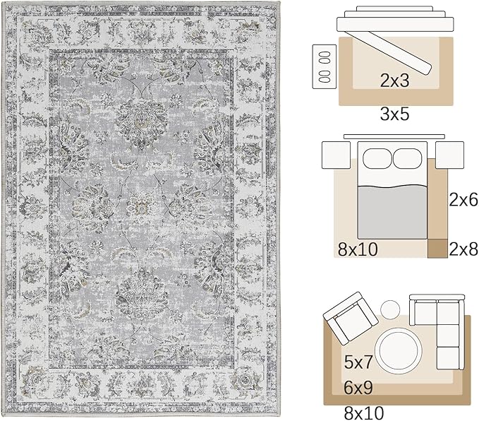 jinchan Fiora 4x6 Area Rugs for Bedroom - Machine Washable Distressed Vintage Floral Design Stain Resistant Boho Carpet Ultra-Thin Low Pile Non-Slip Rug for Living Room Dining Room (4'x6', Grey)