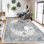 4’x6’ Area Rugs for Living Room Non Slip Washable Low Pile Area Rugs for Bedroom Dining Foldable Vintage Carpets Blue