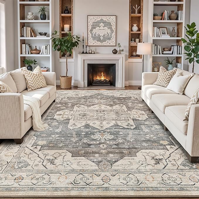 LUMI 4x6 Washable Area Rug for Living Room, Ultra Soft Vintage Rugs with TPE Non Slip Backing, Stain Resistant, Low Profile Carpet High Traffic for Bedroom, Dining Room