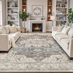 LUMI 4x6 Washable Area Rug for Living Room, Ultra Soft Vintage Rugs with TPE Non Slip Backing, Stain Resistant, Low Profile Carpet High Traffic for Bedroom, Dining Room