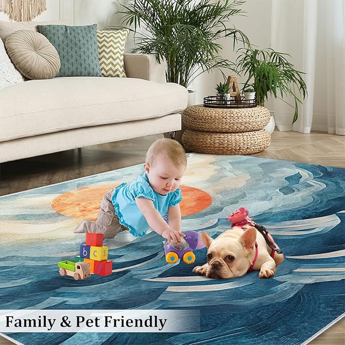 Boho Sun Area Rugs 3x5ft, Mosaic Sunburst Boys Rugs for Bedroom, Abstraction Deco Kids Room Rug Soft Fuzzy Washable for Living Room Game Room Coffee Table