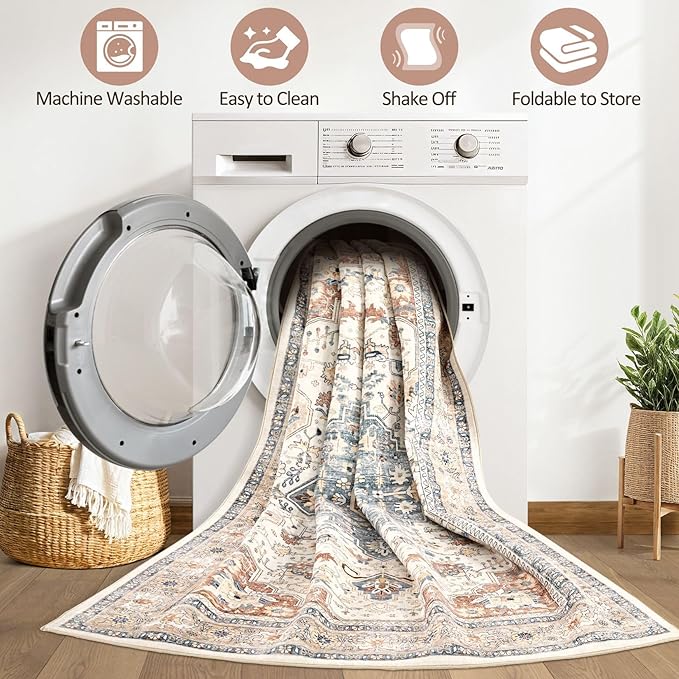 Runner Rug Kitchen Washable Rugs: 3x10 Non-Slip Boho Vintage Distressed Stain Resistant Indoor Neutral Farmhouse Throw Carpet for Hallway Bathroom Laundry Room Entryway Bedroom- Beige Blue