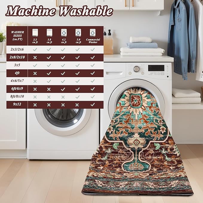 U'Artlines Christmas Boho Vintage Area Rug 5x7 Machine Washable Low Pile Ultra-Thin Soft Floor Carpet Non Slip Non Shedding Accent Rug for Living Room Bedroom Entryway Dining Room Office(Rust＆Teal)