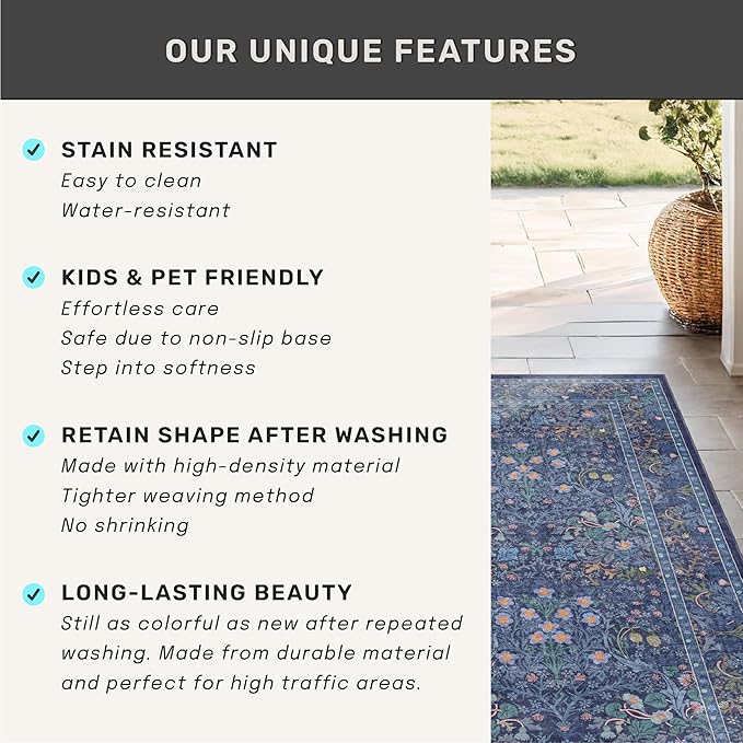 Dark Blue 3x8 Wide Hallway Runner Rugs Indoor Non Slip, 8ft Oriental Washable Rug for Kitchen, Entrance Indoor, Vintage Floral Design Low Pile & Soft Stain Resistant Carpet