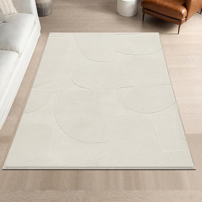 SHACOS Soft Cozy Fluffy Abstract Geometric High Low Pile Area Rugs 3'x5' Non Slip Washable Scandinavian Minimalist Rug Modern Carpet for Living Room Bedroom Bathroom, Cream