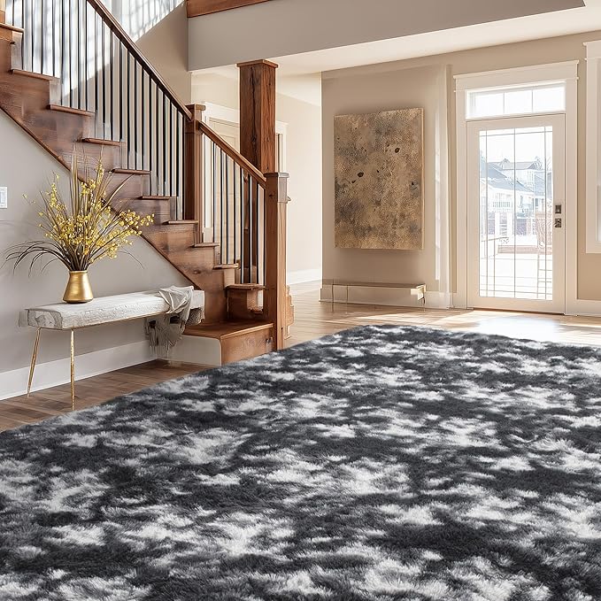 Andency Area Rugs 9x12 for Living Room Home Decor, Large Shaggy Bedroom Carpet, Non-Slip Big Shag Indoor Thick Soft Fluffy Furry Fur Area Rugs for Kids Dorm Nursery Aesthetic, Tie-Dyed White Black