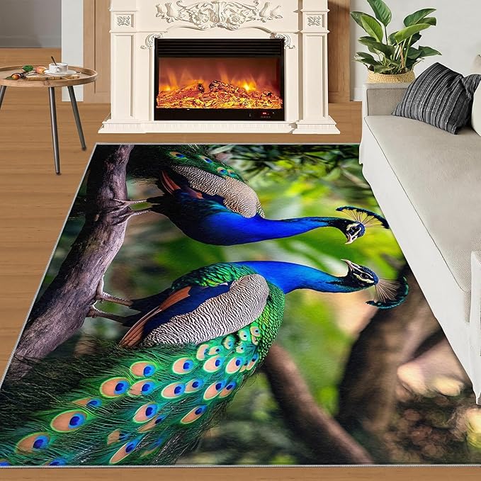 Peacock Rugs for Bedroom - 5x7 Rug, Peacock Couples Area Rugs for Living Room, Nature Carpet, Peafowl Washable Area Mat, Malachite Green Feather Carpet - Peafowl Home Decor & Gifts