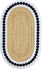 Jute Oval Rug 4x8 Kilim Rug Natural Oval Thick 0.27" Solid Design Black Beige Hand Braided Jute Flatweave Mat Handmade Boho Indoor Outdoor Rugs for Bedroom Living Room Dining Room