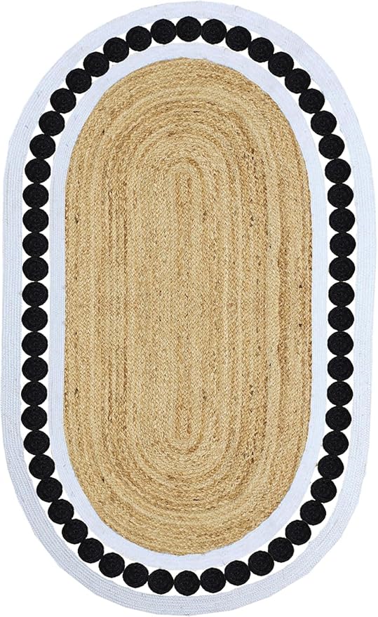 Flatweave Runner 2.6x10 Oval Kilim Jute Runner Hand Braided Jute Thick 0.27" Solid Pattern Black Beige Natural Oval Handmade Boho Indoor Outdoor Rugs for Kitchen Hallway Enterway