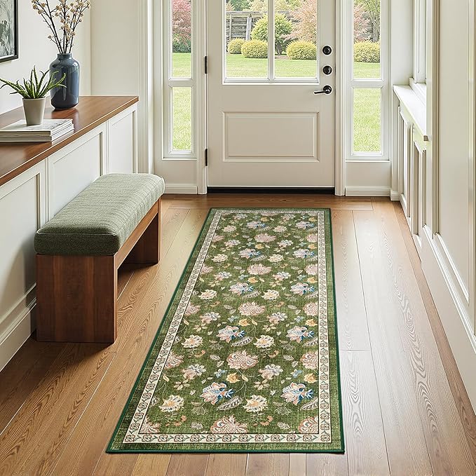 jinchan Elora 2x5 Floral Runner Rug for Hallway Washable Kitchen Runner Vintage Romance Design Non Slip Thin Indoor Floor Cover Low-Profile Throw Carpet for Entryway Bathroom Bedroom Porch, Green