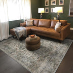 5x7 Machine Washable Area Rug for Living Room, Grey Rusty Boho Vintage Floral Rug Large Non-Slip Low Pile Soft Faux Wool Carpet, Kids and Pets Friendly for Bedroom Dining Room Farmhouse Decor Rug