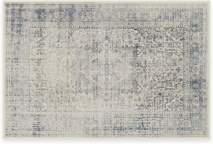RUGGABLE Washable Vintage Area Rug – Kamran Blue Quartz 2x3, Stain-Resistant, Non-Slip – Small Machine Washable Rugs for Living Room, Bedroom, Hallway, Entryway & Bathroom–with Standard Pad
