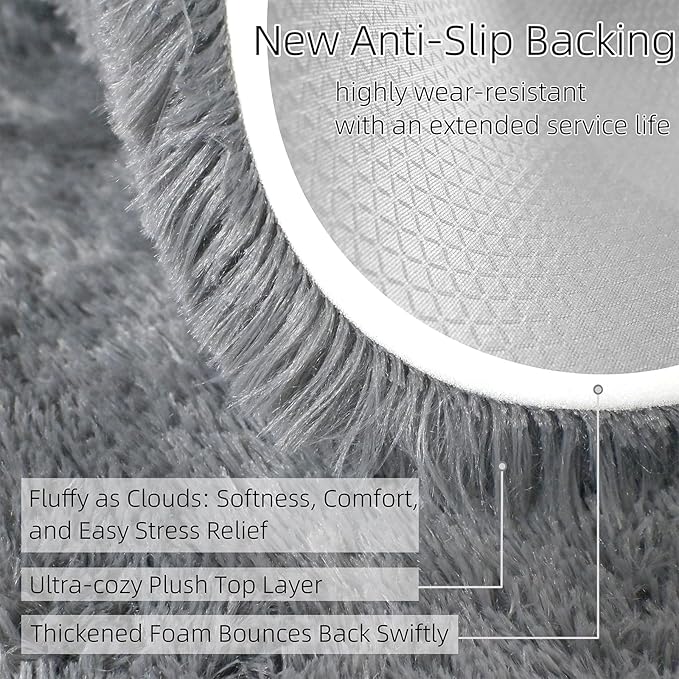 3x5 Solid Fluffy Grey Area Rug – Washable, Durable, Living Room Rug, Non-Slip High Pile Shag Rugs for Bedroom, Living Room, Bedside, Dorms, Nursery Rooms, Kids Room, Soft Indoor Floor Carpet