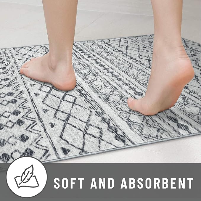KUTA Boho 6x9 Area Rugs, Moroccan Washable Kitchen Entry Rug Non Slip, Grey Ultra Soft Print Distressed Geometric Low-Pile Throw Carpet for Bedroom Nursery Dorm Decor