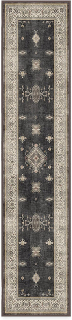RUGGABLE Washable Vintage Runner Rug – Verena Dark Wood 2.5x12, Stain-Resistant, Non-Slip Hallway Runner – Machine Washable Rug for Hallway, Entryway, Living Room & Kitchen–with Standard Pad