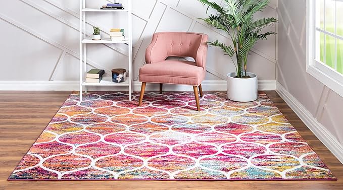 Rugs.com Lattice Frieze Collection Rug – 8' Square Multi Medium Rug Perfect for Living Rooms, Kitchens, Entryways