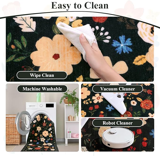 U'Artlines 2'x6' Boho Runner Rug for Hallways Kitchen Colorful Floral Soft Non Slip Washable Floor Carpet Runners for Entryway Laundry Room Bathroom Black Green