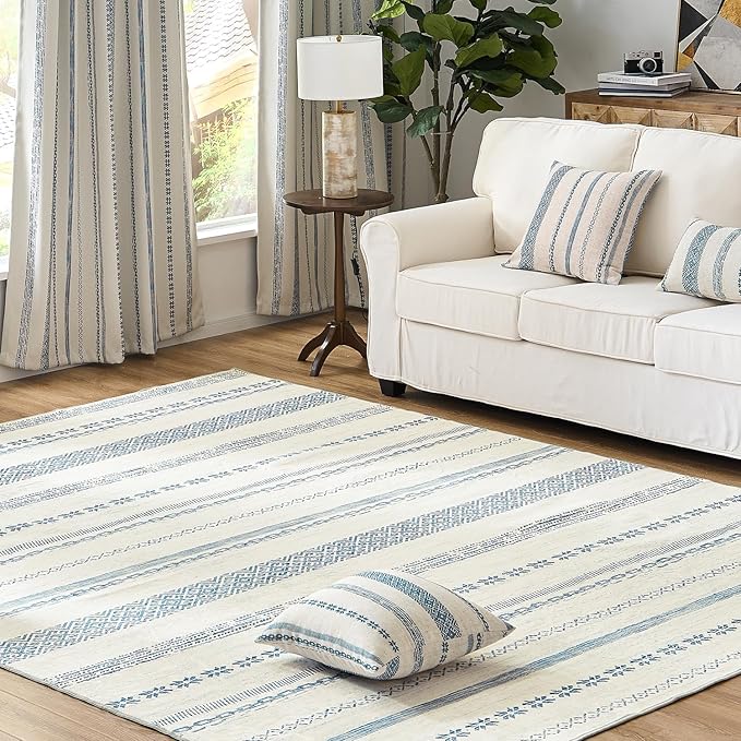 jinchan Moroccan Boho 8x10 Area Rugs for Living Room - Machine Washable Soft Throw Rug Bohemian Ripple Design Non-Slip Carpet for Bedroom Dining Room Home Office (8‘x10', Blue)