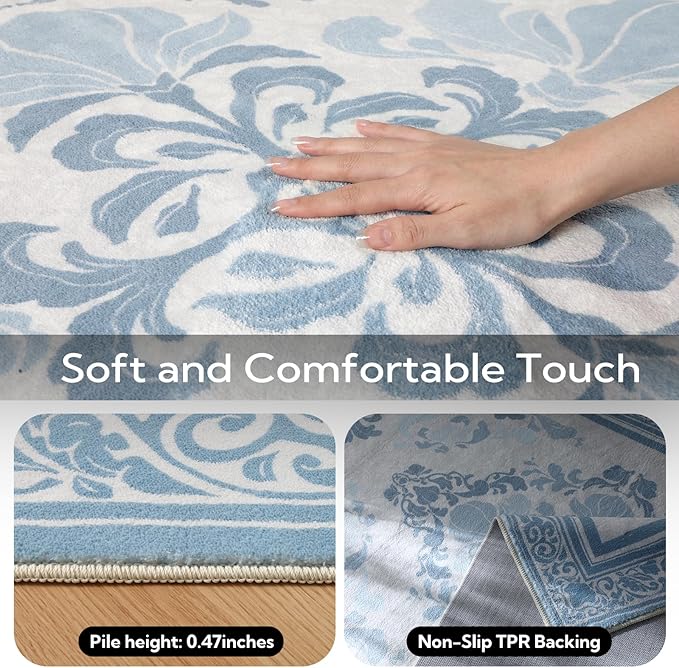 SOULFUL Medium Pile 4x6 Rugs for Living Room - Soft Foot Feel Area Rug - Mist Blue Boho Floral - Washable Non-Slip - Perfect for Bedroom Kids Room Under Dining Table Office