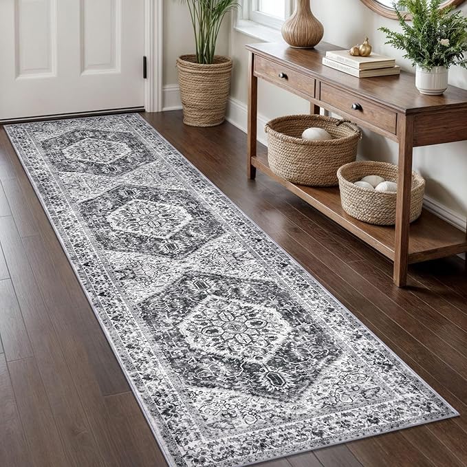 KOZYFLY Runners for Hallways 2x8 Ft Washable Kitchen Runner Rug Boho Runner Rug for Entryway Indoor Printed Faux Floor Carpet Runner for Bedroom Kitchen Hall, Grey