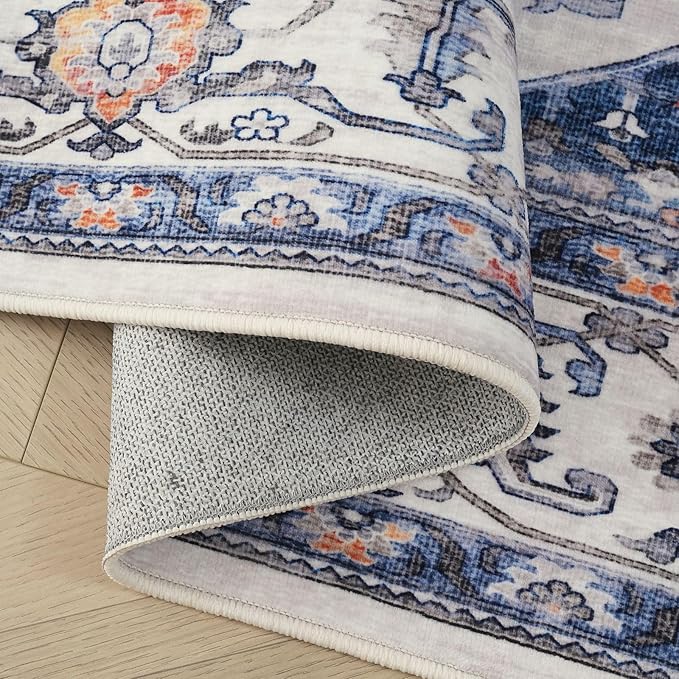Rugcomf Vintage Medallion Living Room Rug 5'x7' - Machine Washable Area Rug, Non-Slip Low Pile Boho Carpet for Bedroom, Dining Room, Farmhouse, Office, Kids Playroom - Blue