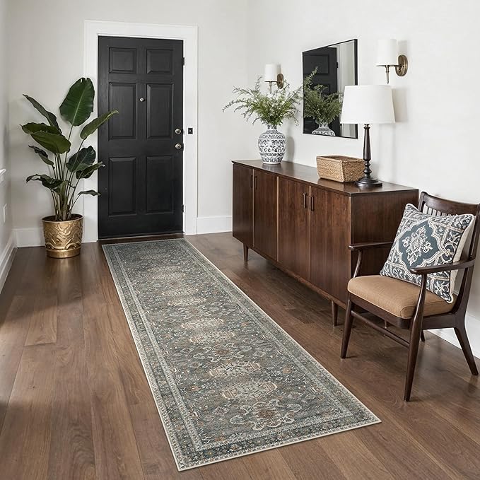 Bavni Washable Runners for Hallways 2X10, Ultra-Thin Non Slip Long Runner Rug, Print Vintage Aesthetic Carpet Runner, Low Pile Rugs for Kitchen Porch Bedroom, Grey