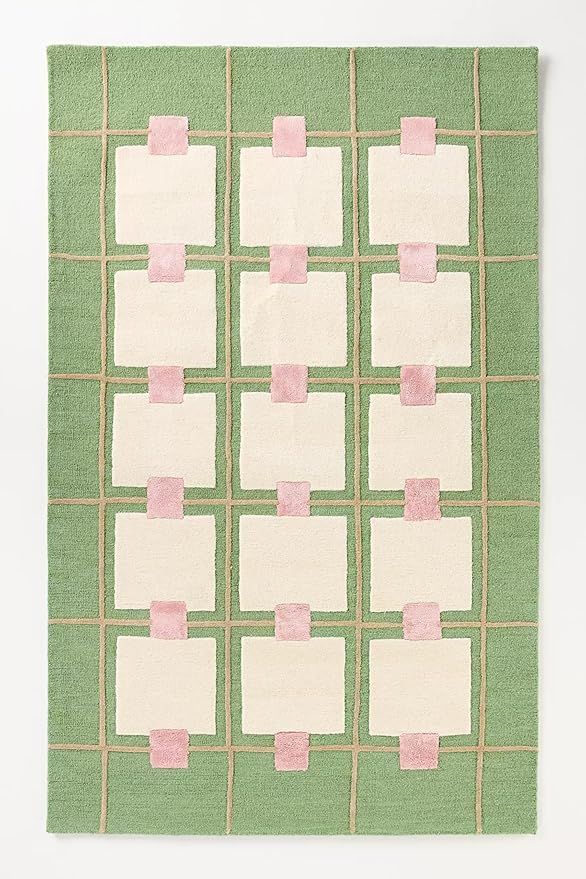 Greer Wool Area Rug - Soft Hand-Tufted Geometric Design with Pink and Green Color Palette, Perfect for Modern Home Decor (8x8 Ft Square)