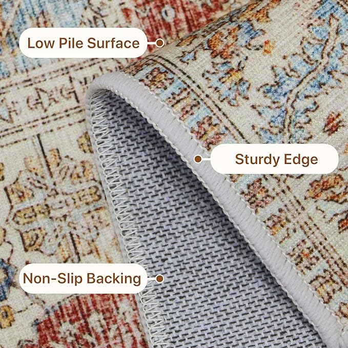Bavni 6x9 Area Rugs for Living Room, Machine Washable Rug Non Slip, Vintage Chenille Distressed Print Carpet, Large Low Pile Ultra-Thin Lightweight Rugs for Bedroom, Dining Room, Home, Office, Orange