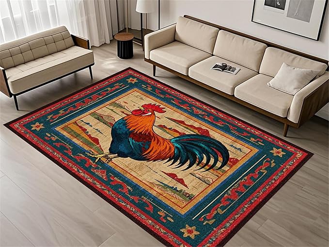 Vintage Rustic Rooster Area Rug ，3x4ft,Ethnic Design Colorful Mountains Geometric Pattern Print Rug，Low Pile Washable Rug Suitable for Farmhouse, Kitchen, Living Room, Bedroom Entryway
