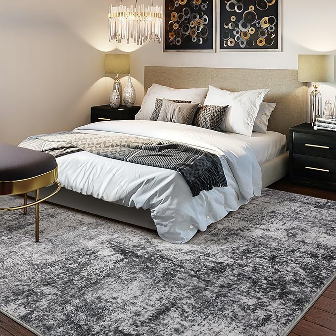 Area Rug Living Room Rugs - 10x11 Washable Large Soft Indoor Neutral Modern Abstract Low Pile Rug Carpet for Bedroom Dining Room Farmhouse Home Office - Grey