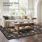 Moynesa Black Washable 8x10 Area Rugs for Living Room Bedroom Dining Room, Modern Transitional Aesthetic Floral Bird Medallion Carpet, Folk Art Home Decor Open Floor Areas Protection Non-Slip