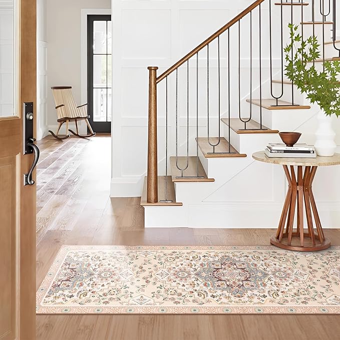Phantoscope Washable Runner Rug 2'x6' Non-Slip, Vintage Boho Hallway Rugs for Entryway, Stair, Bedroom, Persian Floral Medallion Pattern, Low-Pile Foldable Floor Carpet, Ivory Rose/Fall Bloom