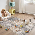 Washable Area Rug: 3x5 ft Abstract Small Rugs for Entryway Kitchen Living Room Bedroom - Non Slip Modern Neutral Carpet Indoor Front Door - Grey Brown