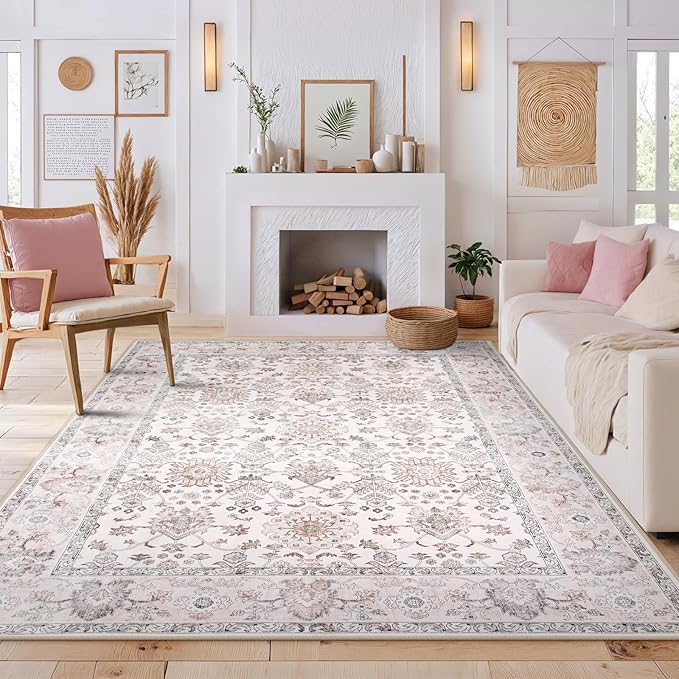 Lahome Boho Bedroom Rugs 8x10 Non Slip, Washable Pink Rugs for Bedroom Girls Ultra-Thin,Vintage Large Carpet for Living Room Dining Room Nursery Room Dorm Classroom (Pink, 8' x 10')