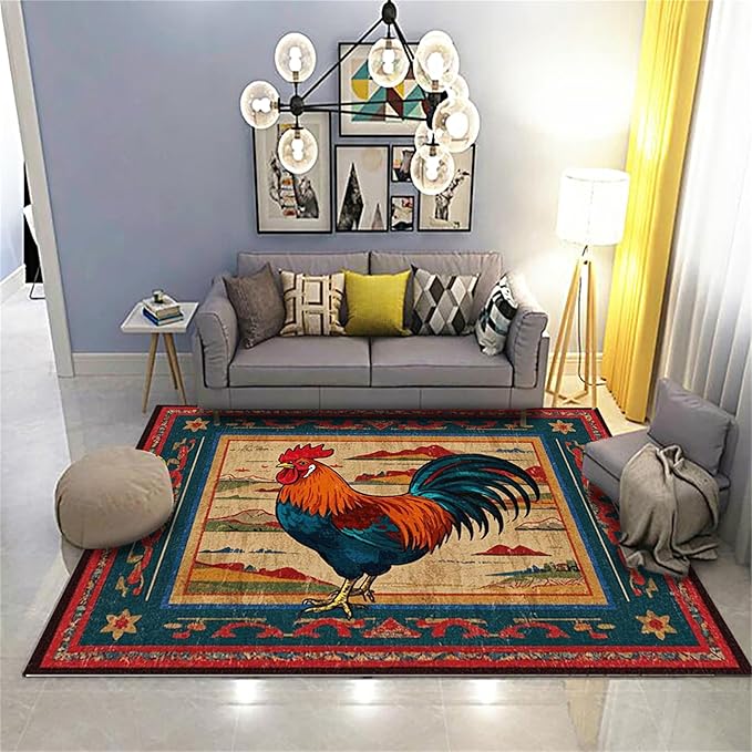 Vintage Rustic Rooster Area Rug ，3x5ft,Ethnic Design Colorful Mountains Geometric Pattern Print Rug，Low Pile Washable Rug Suitable for Farmhouse, Kitchen, Living Room, Bedroom Entryway