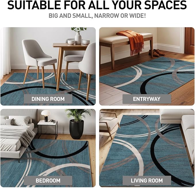 Rugshop Modern Wavy Circles Design Area Rug, Non-Shedding Carpet for Living Room, Bedroom, or Dining Room, Grand Room,Open Spaces,Blue, 10' x 14'