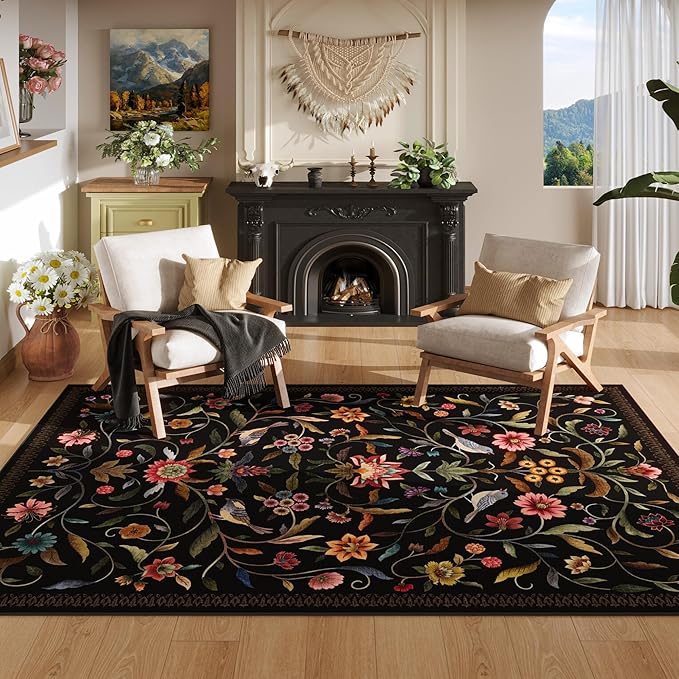 Vintage Medallion Floral Area Rugs 8x10 Clearance, Machine Washable Non-Slip, Low Pile Soft Large Carpet for Living Room, Bedroom, Dining Room, Farmhouse, Kids Playroom, Office | Black