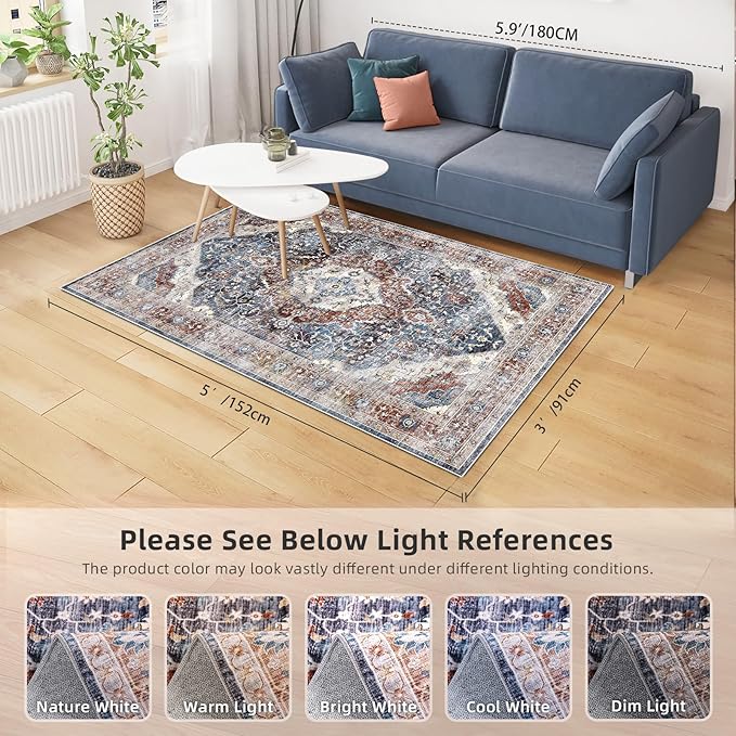 Deerly 3x5 Area Rug with Non-Slip Backing, Washable Rugs for Bedroom Living Room Kitchen, Distressed Carpet Printed Low-Pile Soft Dorm Rug Room Decor(Border Brown/Navy Blue)