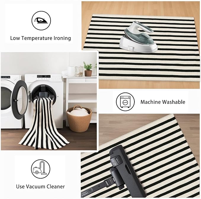 Striped Outdoor Front Door Mat 24"x51", Washable Black and White Rug Runner Cotton Hand Woven Indoor Layered Doormat, Reversible Foldable Door Rugs for Entryway/Farmhouse/Home Entrance