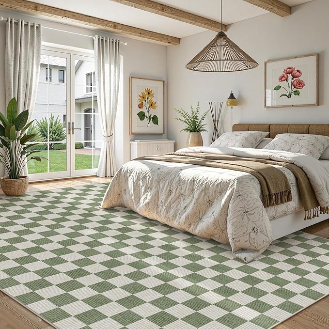 LIVEBOX 9x12 Area Rugs for Living Room, Checkered Non-Slip Washable Rugs, Farmhouse Neutral Classic Geometric Large Boys Area Rug for Bedroom, Carpet for Living Dining Room Office(Sage Green,9'x12')