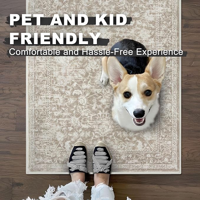 KILOCOCO Hallway Runner 3x8 Rug Runner Printed Vintage Floral Washable Kitchen Runners Non-Slip Rubber Backed Runners for Hallways Laundry Room Distressed Boho Rugs for Entryway Bedroom, Beige