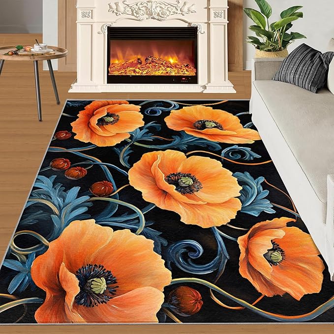 3x5 Poppy Dorm Rug - Retro Florals Art Small Rugs for Bedroom, Rustic Flowers Art Area Rug Washable Non Slip for Bedroom Kitchen Living Room Entryway